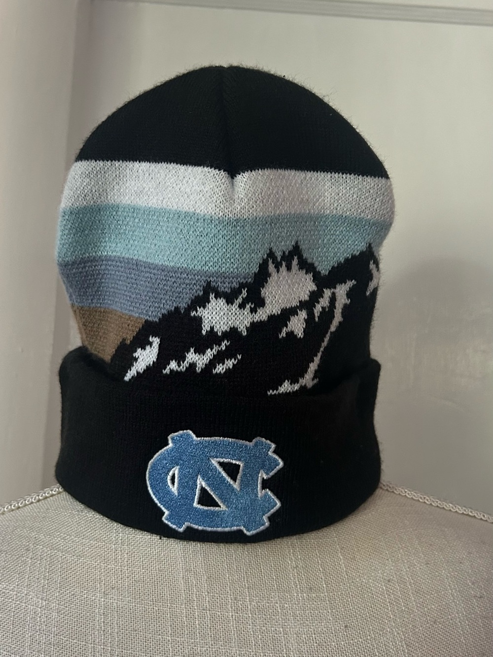 Legacy Black Beanie with Mountain Pattern and Light Blue Patch